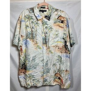 Mens Vintage‎ Tommy Hilfiger Sz L Beach Hut Hawaiian Tropical  Button Down